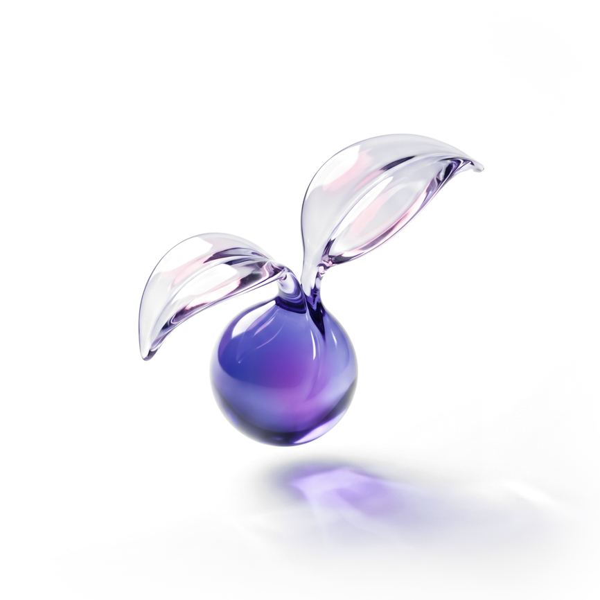 Glass seedling sculpture symbolizing growth from a curious idea